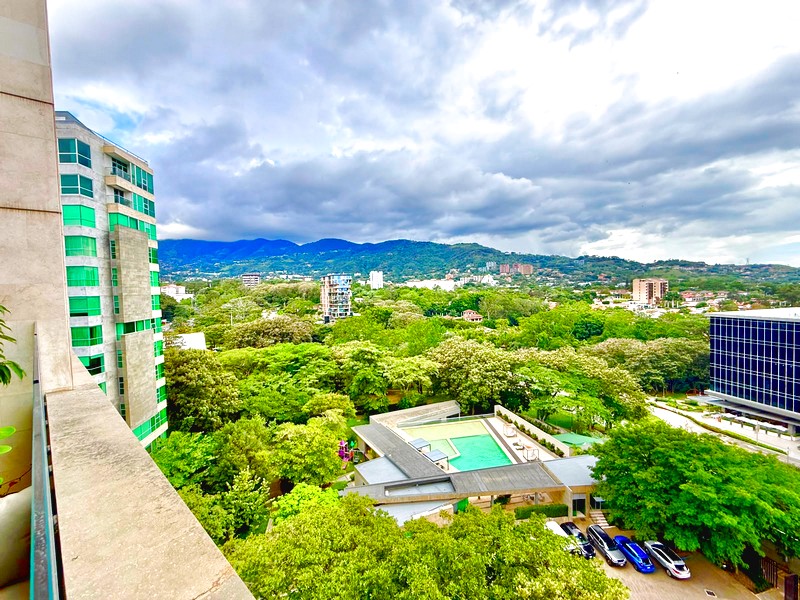 Vista desde el piso 8 hacia jardines y piscina