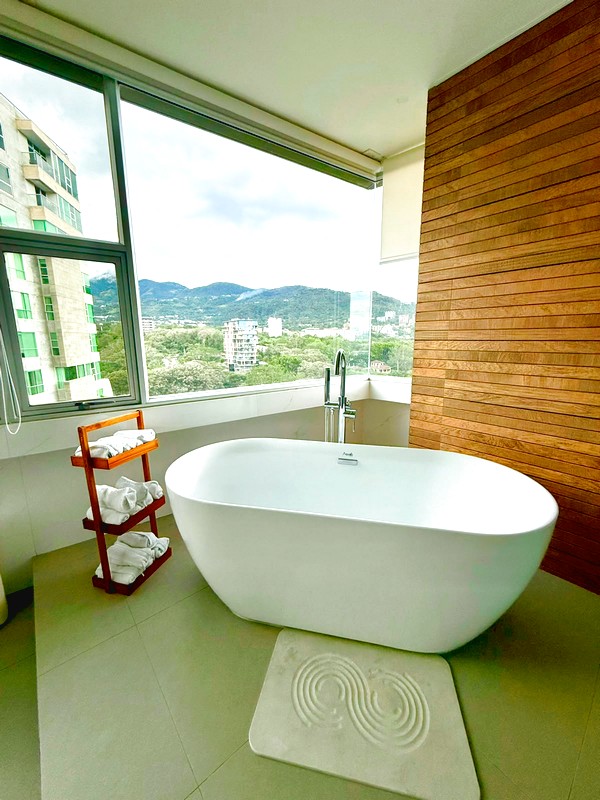 Baño principal con tina y vista a las montañas